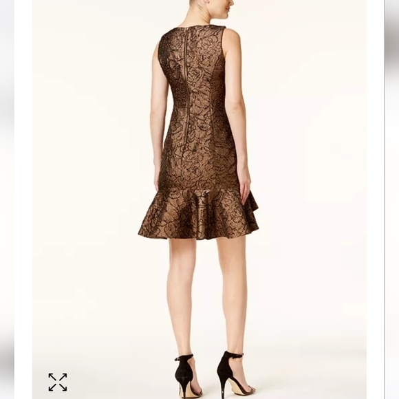 NWT Calvin Klein Brocade Flounce-Hem Sheath Dress 12 Gold Black Metallic Glamour - Picture 2 of 9